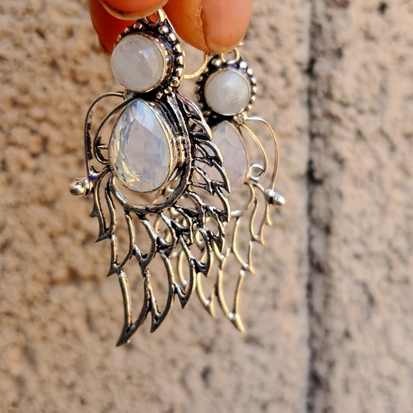 New Opal Opalite & Rainbow Moonstone 925 Silver Wings Earrings. - Picture 5 of 16